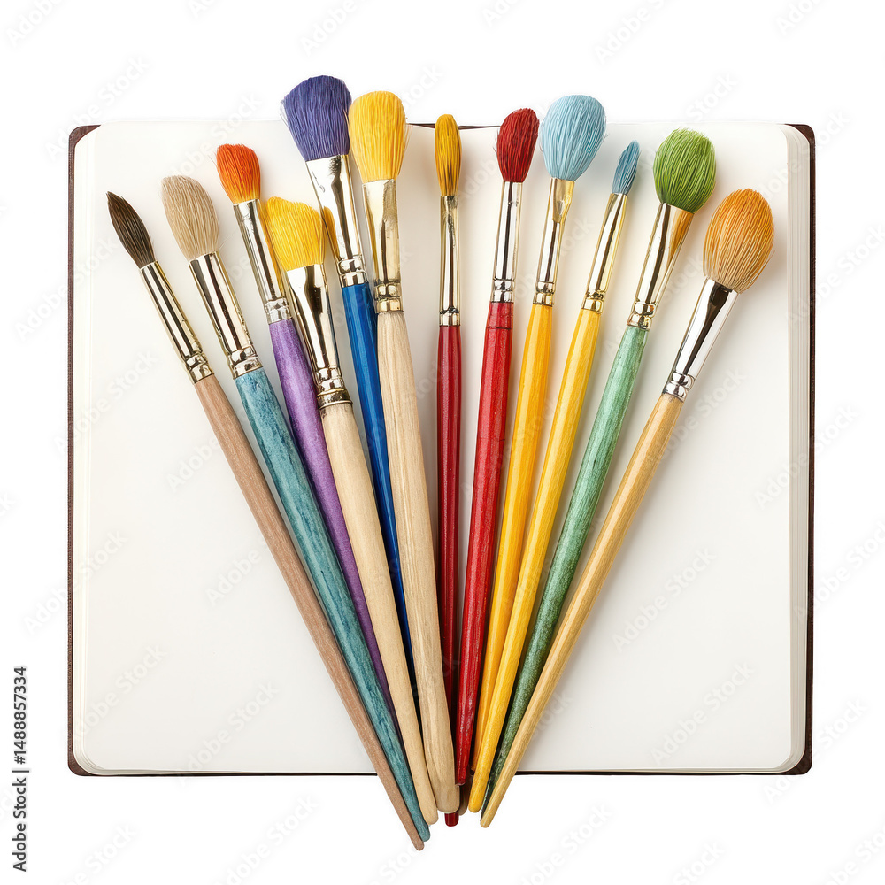 Fototapeta premium Artist paintbrushes arranged on open sketch book, ready for a new painting