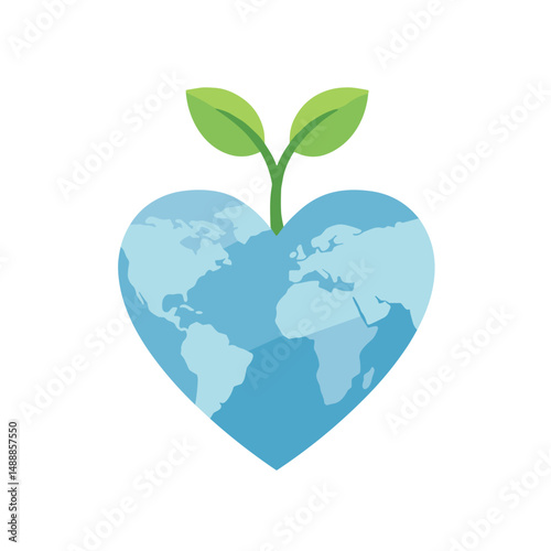 Heart-shaped globe with green plant sprout symbolizing nature  