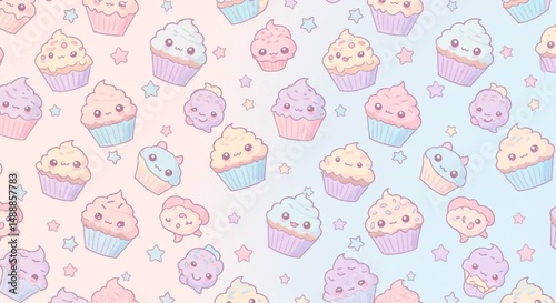 Seamless pattern of cute cupcakes and stars on a pastel background