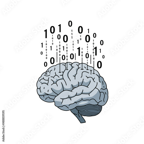2D illustration of a human brain with binary digits above