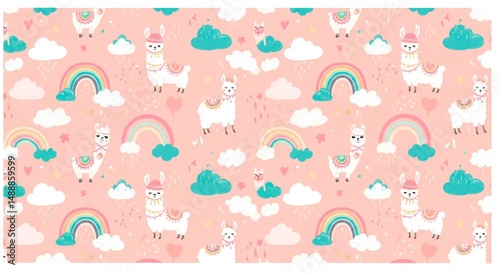 Seamless pattern with llama rainbow and clouds on pink background