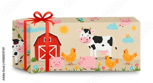 Gift wrapped with farm animal cartoon illustrations and a red ribbon