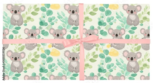 Gift wrapped in koala and eucalyptus patterned paper with a pink ribbon
