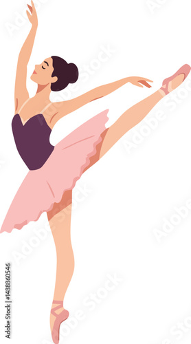 Ballet dancer performing elegant arabesque pose in pink tutu and pointe shoes vector illustration 