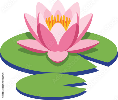 Pink Water Lily Flower with Green Leaves Vector Illustration in Isometric Style for Nature and Floral Designs 