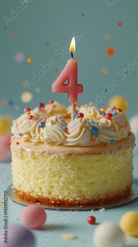 Bright and colorful birthday cake with four candle on top surrounded by festive decorations