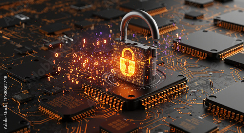Digital lock and secure encryption over circuit board, representing cybersecurity and data protection in modern tech