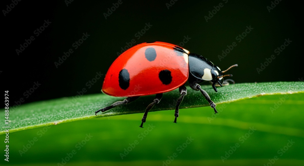 Fototapeta premium Ladybug with black spots crawling on a green leaf against a dark background