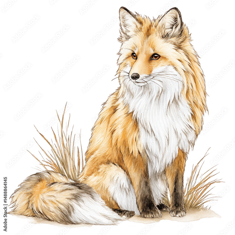 Naklejka premium A detailed watercolor painting of a red fox sitting alert in tall grass.