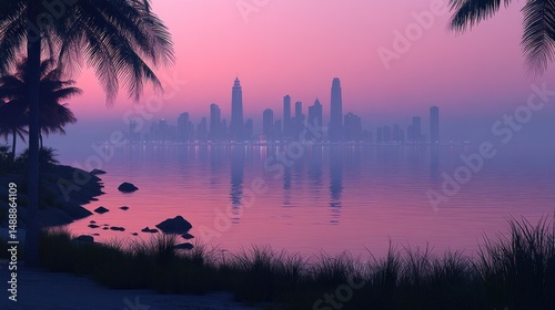 Pink sunrise over city reflected in tranquil water. Palm trees frame the shoreline