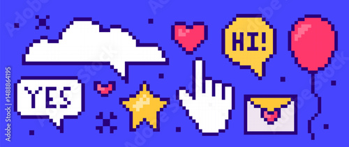 Set of colorful pixel art elements: speech bubbles with text, heart, star, hand cursor, balloon, and envelope. Retro 8 bit style.