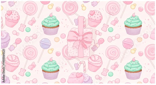 Seamless pattern with cupcakes, lollipops, gift box and other sweets on pink background