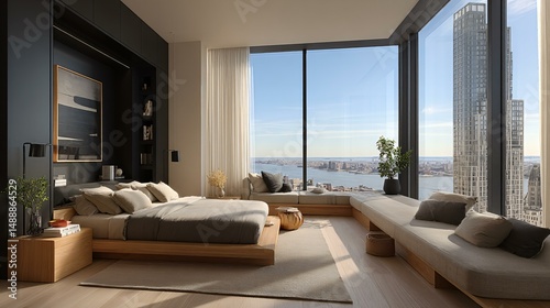 A modern guest room with a matte black wardrobe, floating nightstands, a low-slung bed dressed in neutral linens, and a large window with sheer curtains flooding natural light, no text