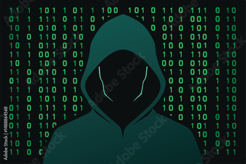 digital binary code hacker,digital matrix background,anonymous hooded figure silhouette,glowing green code,abstract cyber security,dark mysterious hacker,futuristic cyberpunk style,
