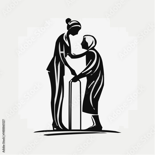 Elderly icons depicting caregiver assisting senior with cane  