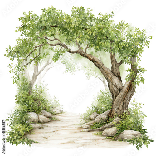 Lush greenery arches over stone pathway, leading into bright, tranquil space.