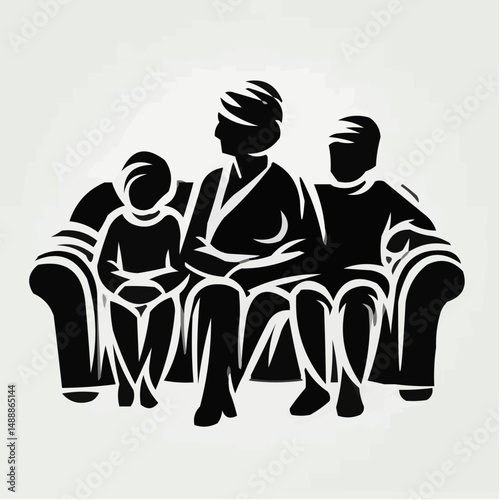 Elderly icon sitting on a sofa with two children in black silhouette  