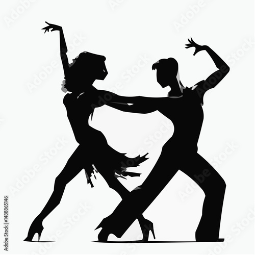 Dance couple performing dynamic pose in silhouette style  
