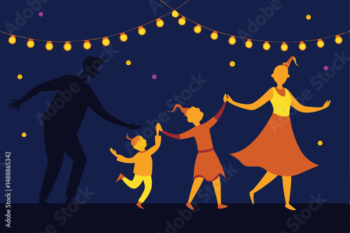 outdoor night party,family silhouettes dancing under string lights,warm glowing lanterns,whimsical,vibrant colors,abstract digital art style

