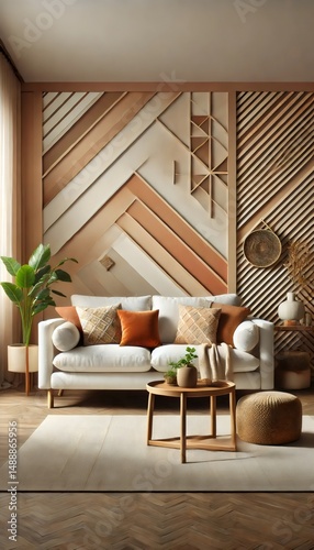 A beautifully styled living room showcasing modern interior design with warm earth tones, geometric wood paneling, and cozy textures. The harmonious blend of natural elements and minimalist décor.