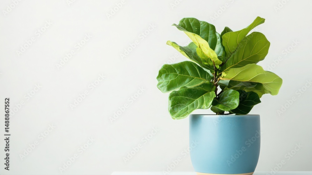 Fototapeta premium Lush Green Fiddle Leaf Fig in a Blue Pot Against a White Background