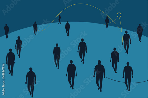 silhouettes of people, walking, connected by lines, futuristic, minimalist, digital, vector art style, blue background
