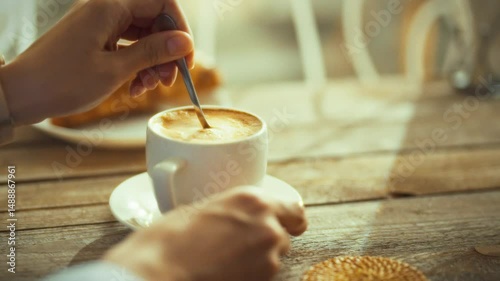 A hand stirs steaming coffee in a white cup, accompanied by a golden pastry on a rustic wooden table. Soft morning light creates a warm ambiance, enhancing the relaxing experience