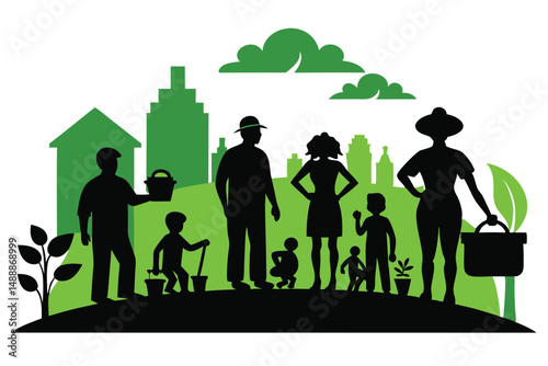family silhouette,green nature landscape,outdoor scene,people shapes,mother father children,home house,simple graphic design
