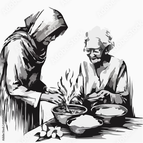 Elderly woman cooking with younger woman in artistic black and white style  