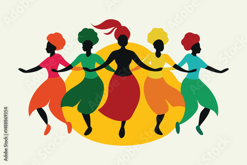 colorful abstract women dancing, vibrant colors, geometric shapes, minimalistic style, block print, flat design, silhouettes, textured background, folk art inspired
