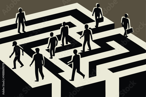 people walking through maze,black and white illustration,geometric shapes,abstract,minimalist,surreal,conceptual
