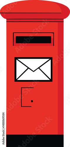 Red Mailbox Vector Illustration with Envelope Icon and Black Base Design