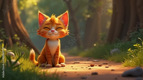 cartoon cat with big eyes sits on forest path against bright nature background and enjoys rest