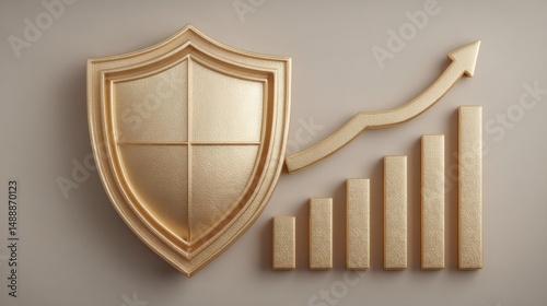 Elegant 3d composition of gold shield and rising bar graph