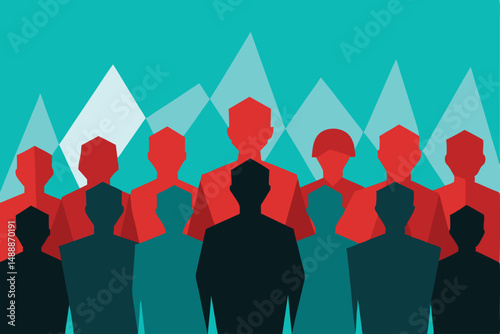 8k resolution, dark red silhouettes, teal and green background, mountainous landscape, modern minimalist design, stylized, high detail, digital art
