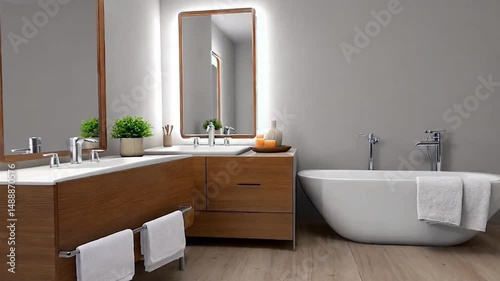 Modern bathroom showcases freestanding tub and wooden vanity area.