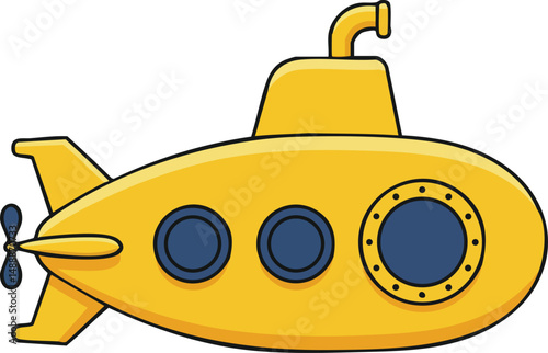 Yellow submarine vector illustration with portholes and propeller in side view design