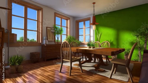 Wooden dining room features sunlit windows and bright green accent wall.