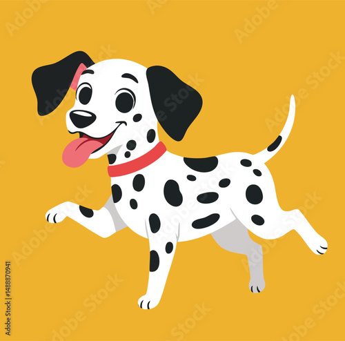 Dalmatian dog with black spots and red collar running happily on orange background vector illustration 