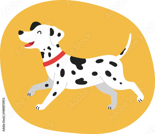 Dalmatian dog running happily with red collar on yellow background vector illustration design 
