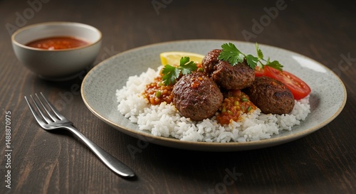 Plate of meatballs and rice with a fork and spoon on a wooden table