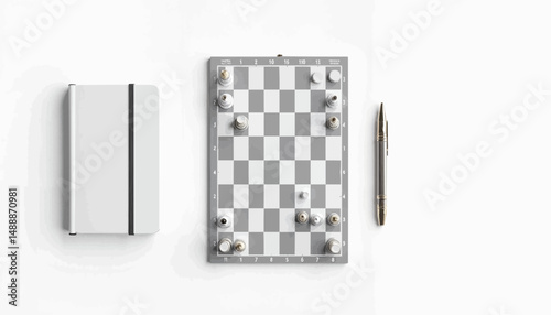 Chessboard and notebook with pen on white background for International Chess Day  