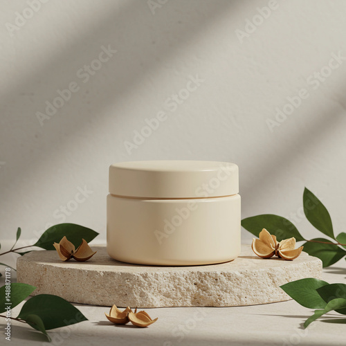 Jar of cream sits on a stone slab with leaves and flowers surrounding