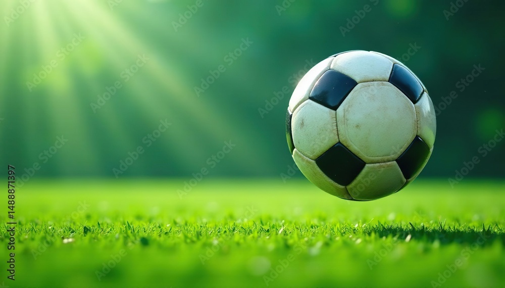Fototapeta premium Action shot of soccer ball in mid-air above green field, field, view, game