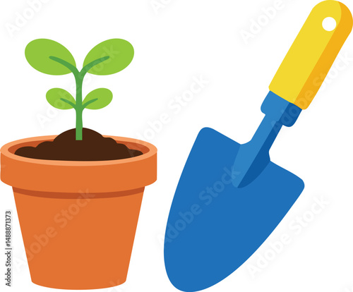 Seedling in terracotta pot with blue gardening trowel for home plant care and growth illustration vector