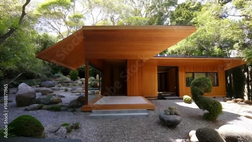 Modern wooden house with flat roof and gravel garden surrounded by trees and green vegetation