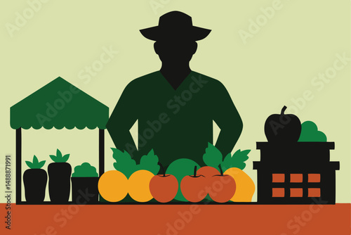  man in a hat standing in front of a produce stand, vegetables and fruits surrounding him, a building in the background, digital illustration, minimalist style, bold colors, flat design
