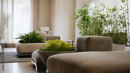 Interior view of a living room with plants, sofa, and natural light coming through the window pane