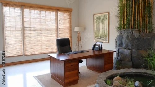 Interior office with desk chair window blinds and bamboo water feature in a bright room space