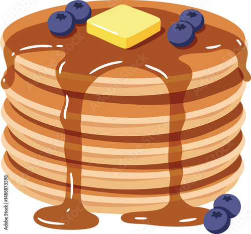 Stack of pancakes with syrup butter and blueberries vector illustration for breakfast food design 